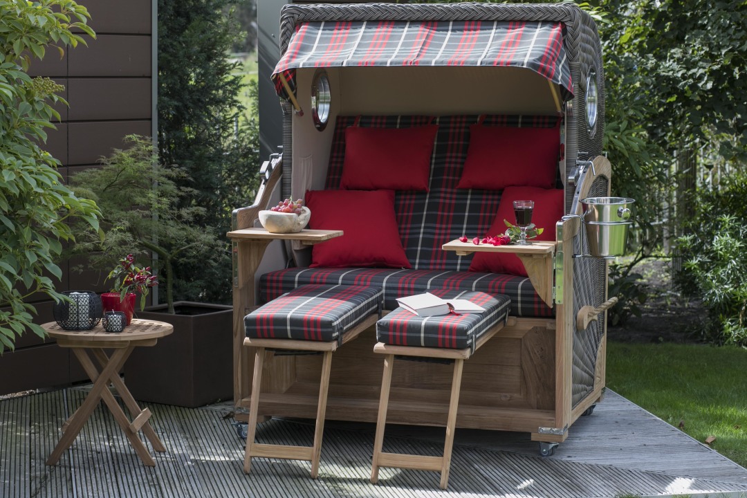 Strandkorb Westerland Teak Bullauge PE Grey Dessin 594 Grau